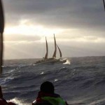 Te Matu a Maui riding a swell off port stern of Hinemoana.