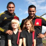 Chief players Fritz Lee (left) and Lelia Masaga visited Benjamin Anderson and Georgia Wharry at Hamilton West Primary School.