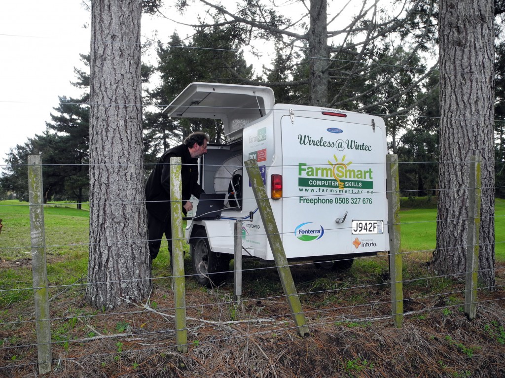 Chris Lord, tutor for Wintec's regional centre in Otorohanga, helping out to get the satellite working