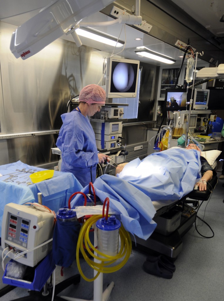 Doctor Denise Saussey Doctor with patient Anne Shirtliff in the new surgical van