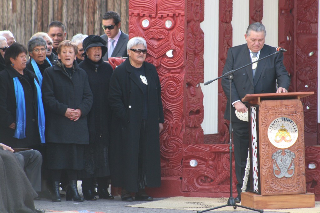 Kuia sing at Turangawaewae marae after an address from Maori King Tuheitia (right) at the fifth Koroneihana (coronation) on Sunday.