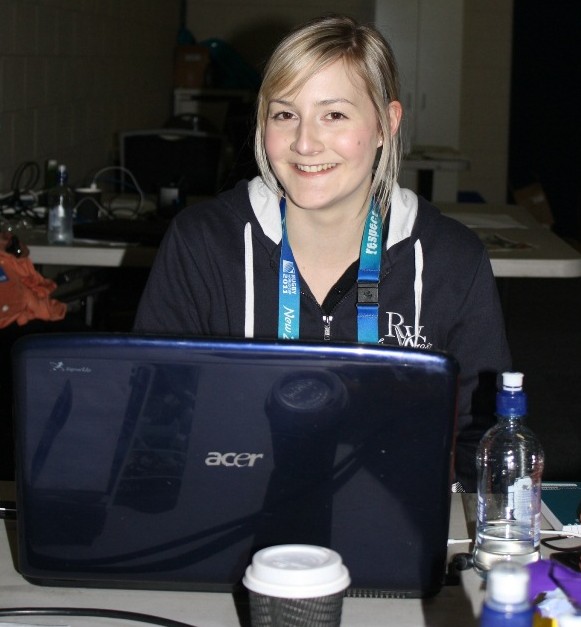HARD AT WORK: Wintec journalism student Annie French, proudly clad in official RWC regalia, behind the scenes at the Wales-Fiji Rugby World Cup pool match on Sunday night. HARD AT WORK: Wintec journalism student Annie French, proudly clad in official RWC regalia, behind the scenes at the Wales-Fiji Rugby World Cup pool match on Sunday night.