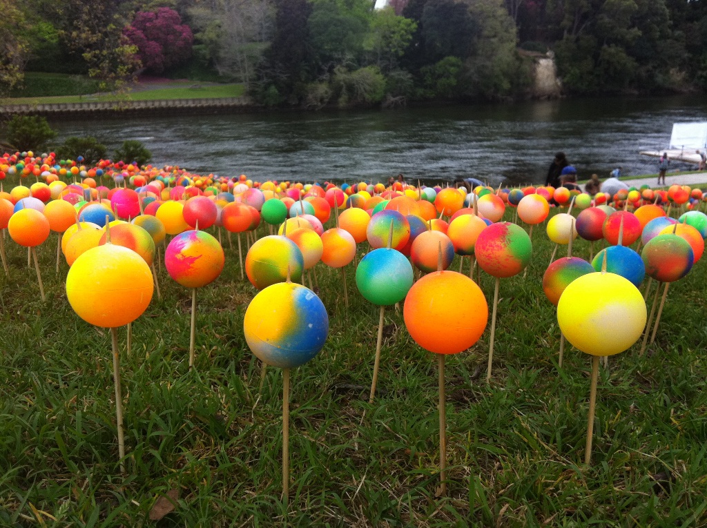 Darragh's fluorescent ping balls cover the river bank Darragh's fluorescent ping balls cover the river bank