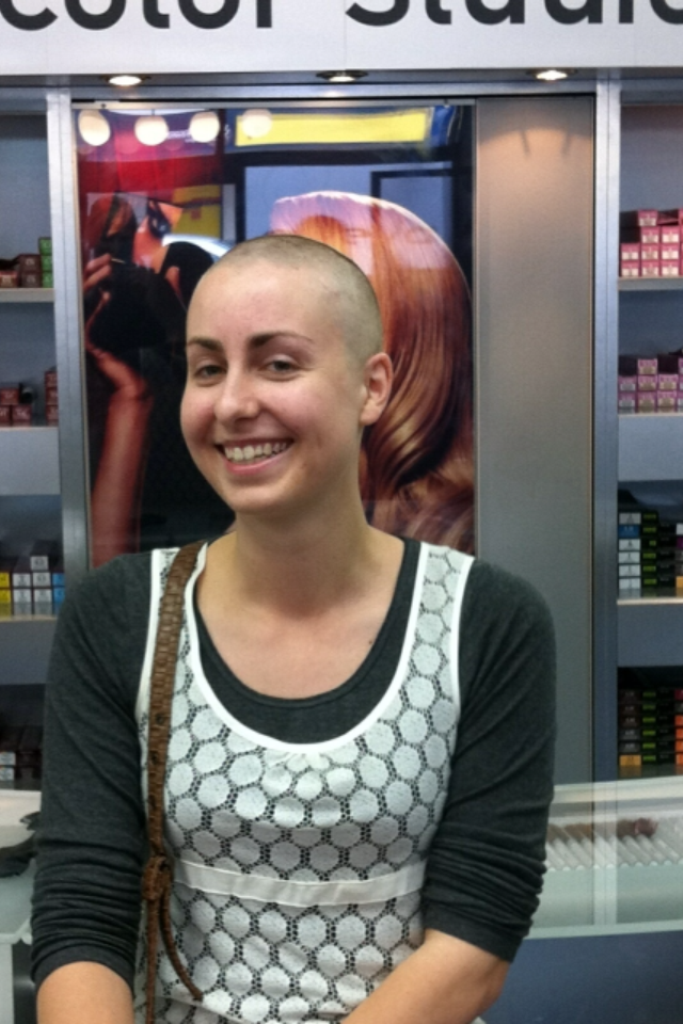 Close shave: Katie Levendis after shaving her blonde locks for famine victims Close shave: Katie Levendis after shaving her blonde locks for famine victims