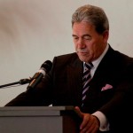 Strong words: Winston Peters addresses a crowded Wintec media lunch today.