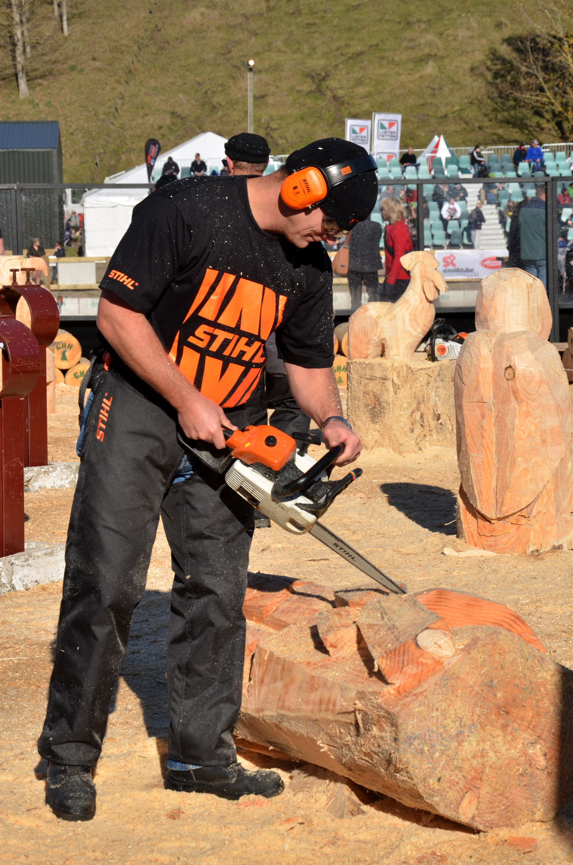 Kyle Lemon chainsawing, as part of the TIMBERSPORTS team