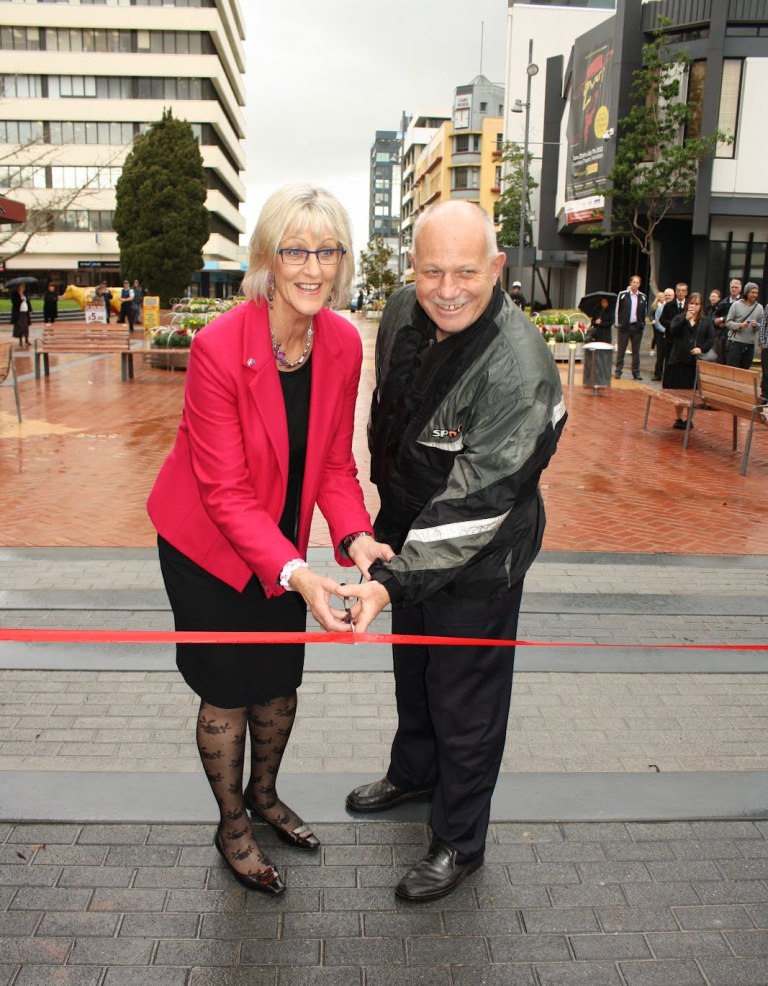Councillors Maria Westphal and Dave Macpherson open Hamilton's first shared zone.