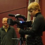 Wintec Moving Image Students test their specially-designed camera "dolly" at the filming of River City Sound System, under the watchful eye of tutor John Mandelberg (left).