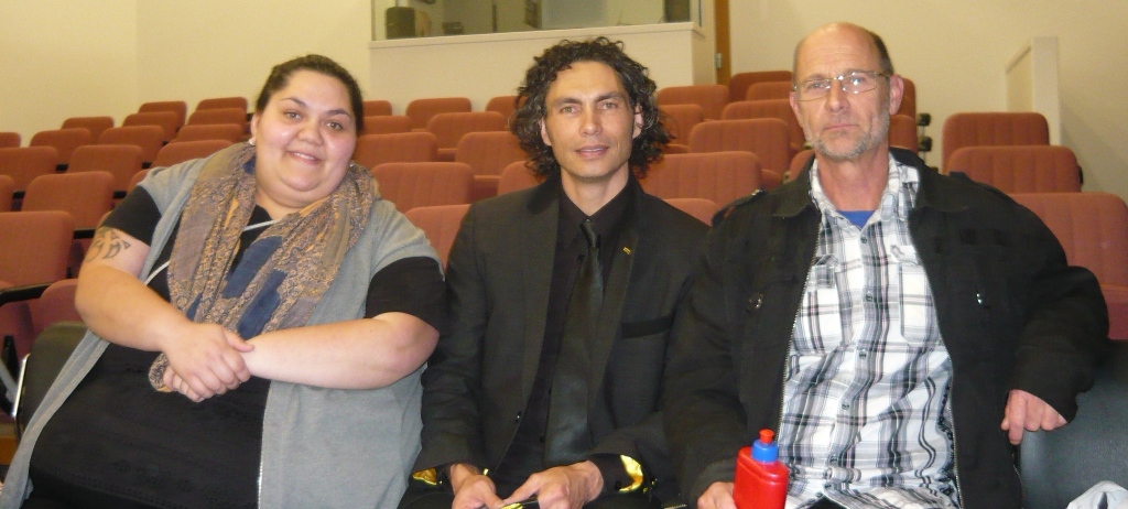 Wintec media arts student Shannon Wroe (left) chats with sculptor Brett Graham (centre) and Gareth Williams at Waikato Museum. 