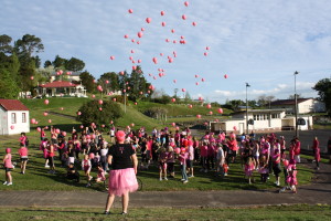 Helium balloons recognise those lost to breast cancer, still fighting breast cancer and those that have survived. Photo: Daniel Whitfield