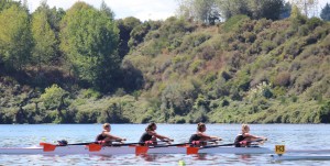 BURNING QUADS:Hauraki's under-16 quad sculls power towards the finish line Photo:Reese Flaxman