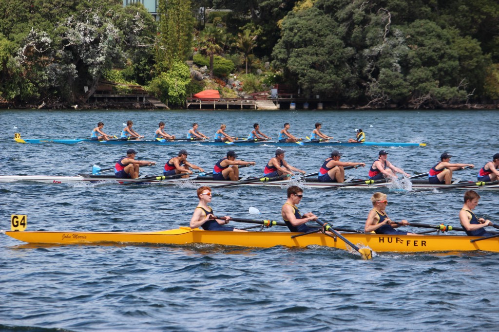 The Mags under-16 eight (top) winning the Auckland title at this season's Head of the Harbour on Lake Pupuke. PHOTO: Estelle Sarney