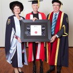 NO ROCK HORROR HERE: Wintec Chair, Mary Cave-Palmer, honorary recipient, Richard O’Brien and Wintec Chief Executive, Mark Flowers.