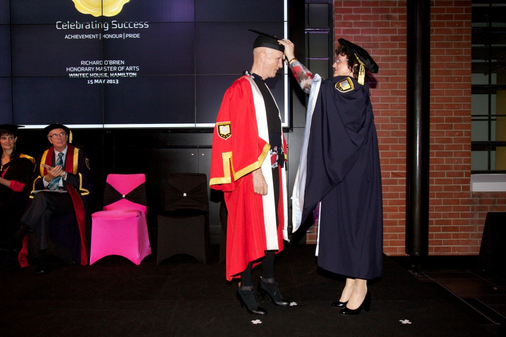 CLOAK AND ALL: Honorary recipient, Richard O’Brien and Wintec Chair, Mary Cave-Palmer.