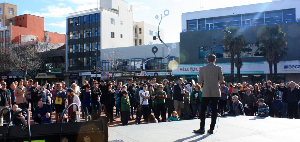 Centre stage: Max Coyle speaks to a crowd of more than 300 protesters. Photo: Jason Renes