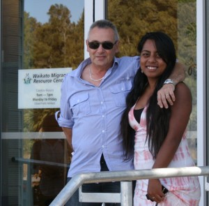 Student Tau Bio and her teacher Carlos Diaz stand outside the Centre.
