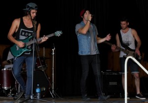 The Latest Fallout from left, Jared Stevenson, Brendan Pyper and Hamish McKenzie rocking the stage at Morrinsville College. Photo: Megan Cameron