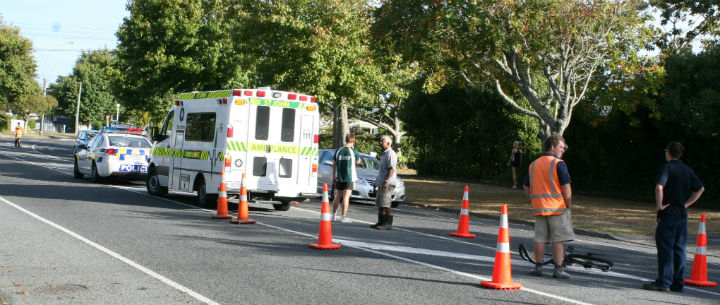 A cyclist was taken to hospital after being hit by a car while crossing Galloway Street this afternoon.     “Basically, a cyclist crossing the road was hit by a vehicle coming down the road,” Police****SPAY57 (how do QIDs work?)**** said.     Police, ambulances, and local civilians joined forces to cordon off a portion of the road around the cyclist and her bicycle.     SPAY57 said, “I'm not too sure what the reason [for the accident] is – we have yet to speak to them properly.”     Onlooker Kevin Wikitera said, “She was coming down the street, and tried to cut through traffic. Then the car came down the centre, I think, and hit her.     The driver of the vehicle “wasn't going that fast”, said Wikitera.     “He didn't see her, she didn't see him ... It was just bad timing.”     SPAY57 said the woman's condition is not critical. “She's going to be okay.”