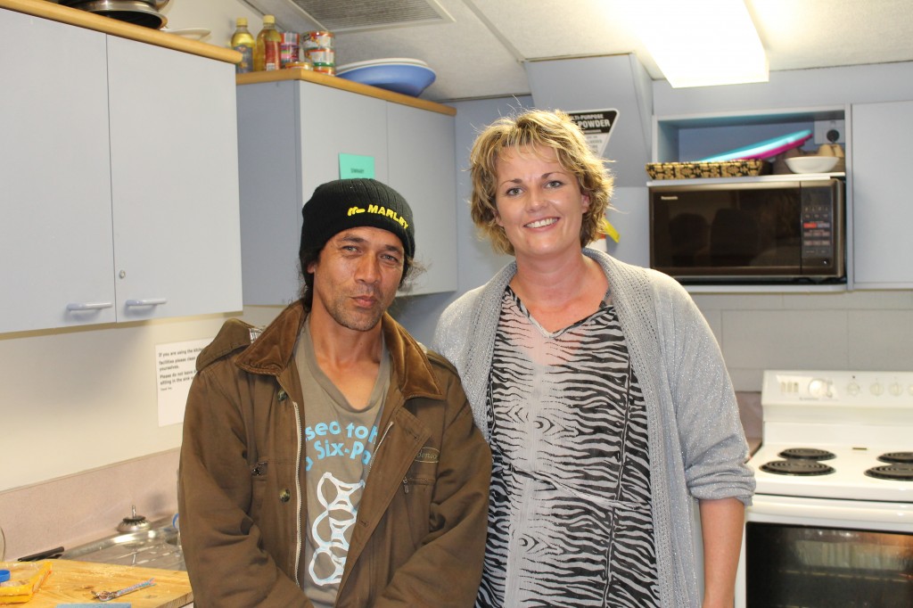 Homeless man, Junior, with Claire Chapman at the Hui