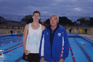 Jesse Reynolds, left, and coach Ken Nixon, right, prepare for the State Insurance NZ Swim Awards Photo: Audrey Ellis 