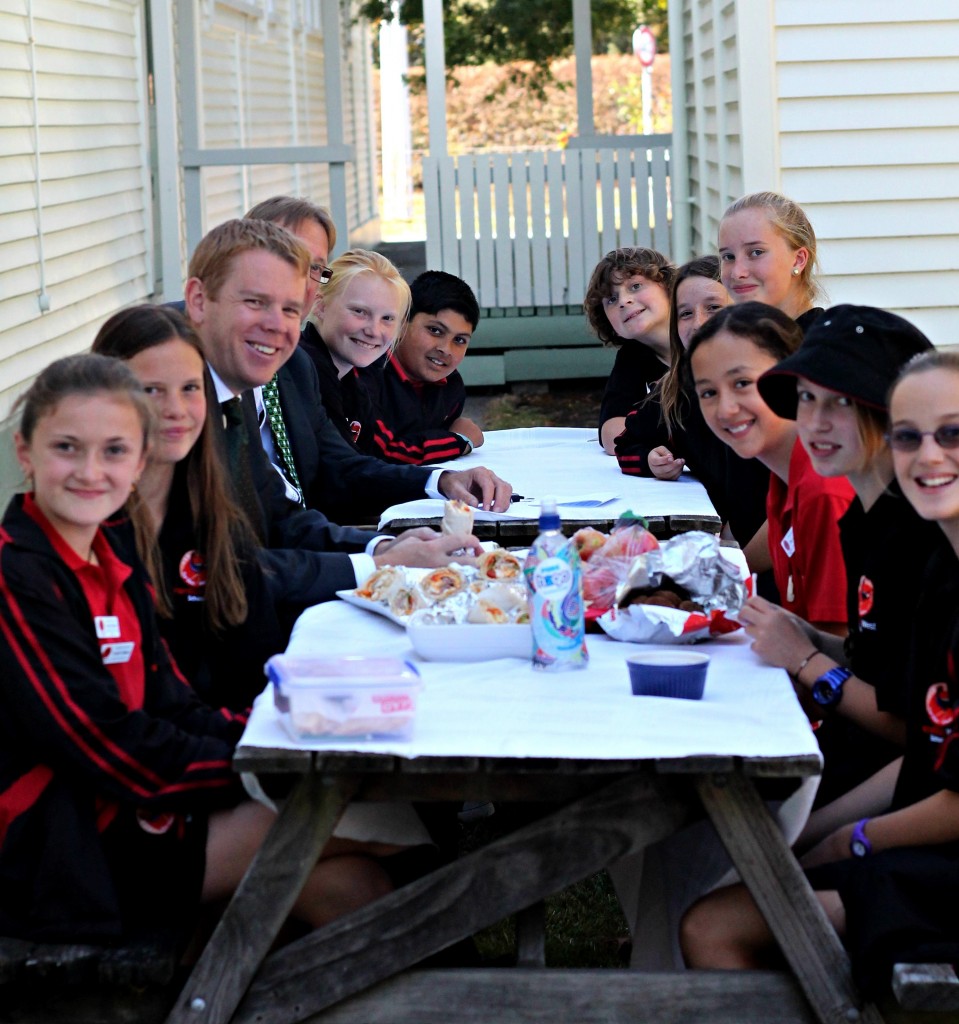 Hamilton West Primary students have lunch with Labour MP Chris Hipkins. Photo: Alyson Eberle