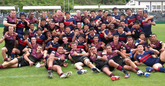 Hamilton Boys’ and Josho Gakuen High School enjoy a group photo after Tuesday’s match. Photo: Barbara Clark