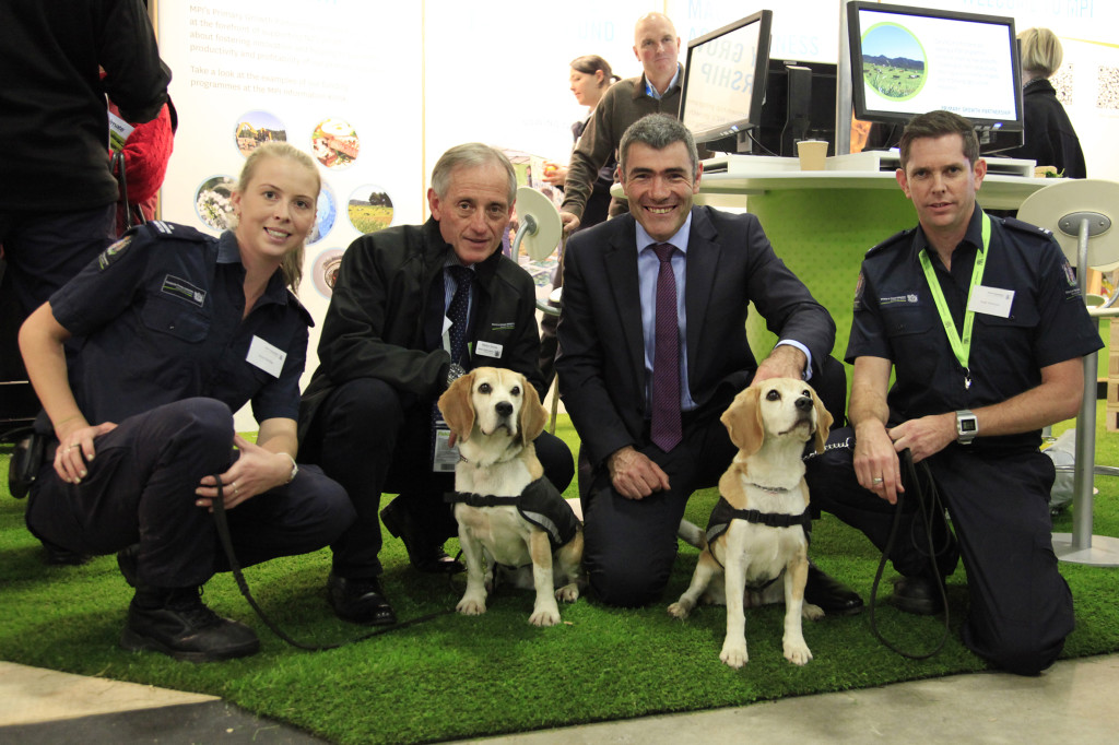 Left to right: Amy Oatbridge, Ministry for Primary Industries chief executive Martyn Dunne, Primary Industries Minister Nathan Guy and Brett Hickman with the stars of the show Quartz and Kendra. Photo: Craig Richmond