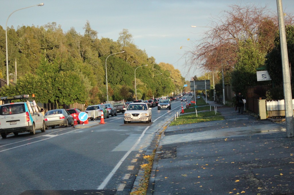 Traffic backed up at Five Cross Roads