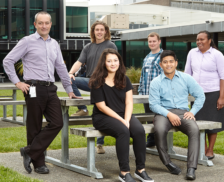  Scholarship recipients, Simon Young, Josh King, Kirstie Dawson-Smith, Ben Gomas, Ezra Hirawani and Faranisese Baya Fox