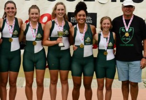 Waikato Dio's Girls U18 coxed four Dawn cup and Gold Medallist winning team from left: Olivia Morgan, Molly Densem, Madison Dunn, Anahera Nin, Molly Densem (cox) and Coach Gary Robertson. Photo: Emmeline Sunnex