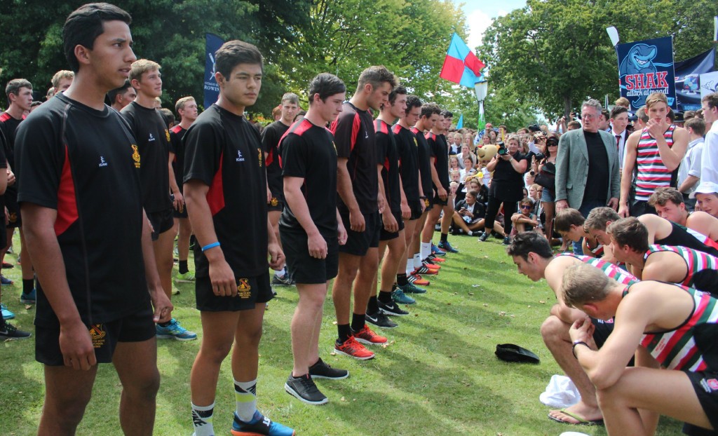 DEFENDING TITLE: Competing schools challenge Hamilton Boys High School with haka.