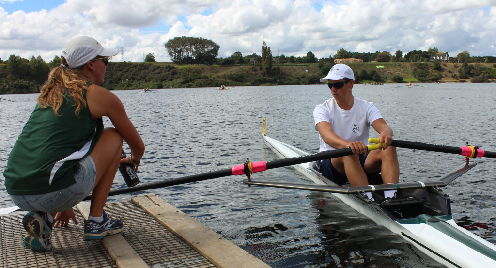 A HELPFUL PUSH: Coach Sophie Gilchrist encourages Matt Parker as he sets out to race