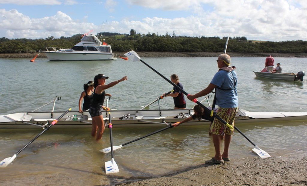 Coxed: Wentworth College Novice rowers preparing to train at Weiti river with coach Robert Ansell. Coxed: Wentworth College Novice rowers preparing to train at Weiti river with coach Robert Ansell.