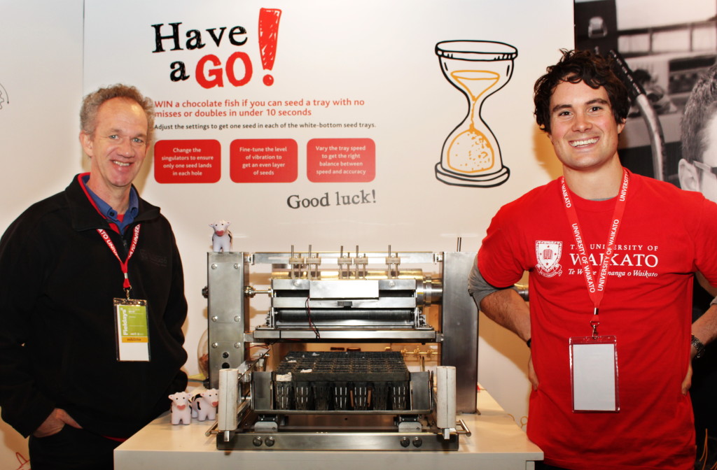 Professor Louis Schipper with David Stoof at the award winning of University of Waikato at Fieldays. Photos: Caughey Teisi