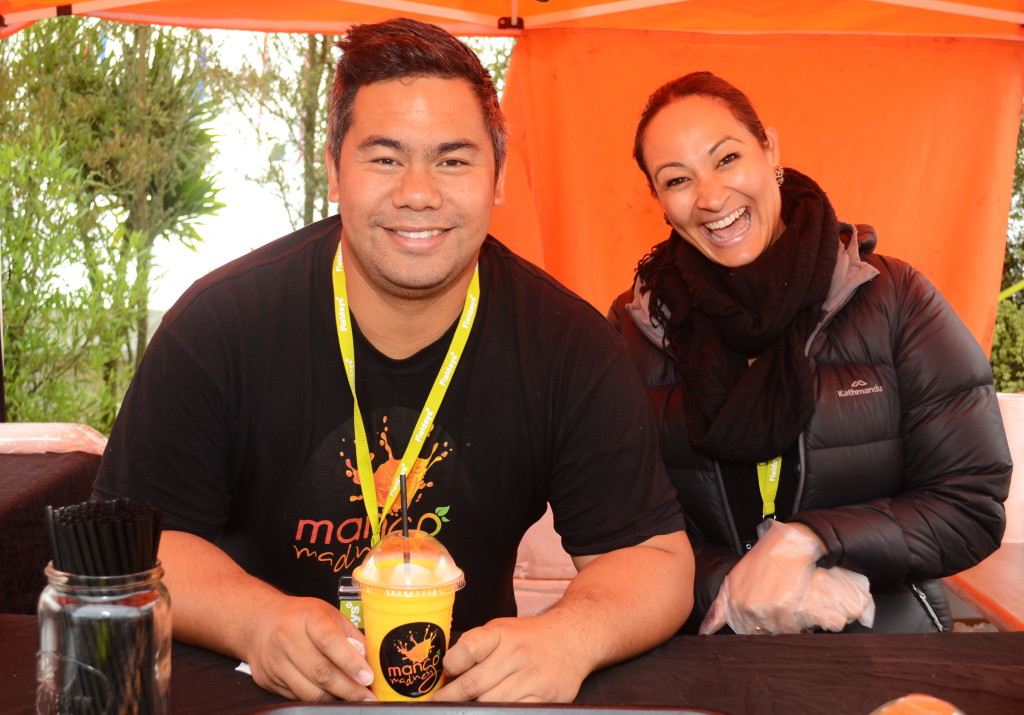 Sam Kaipo and Chantel Matthews at the Fieldays Mango Madness stand. Photo: Te Rina Owen 