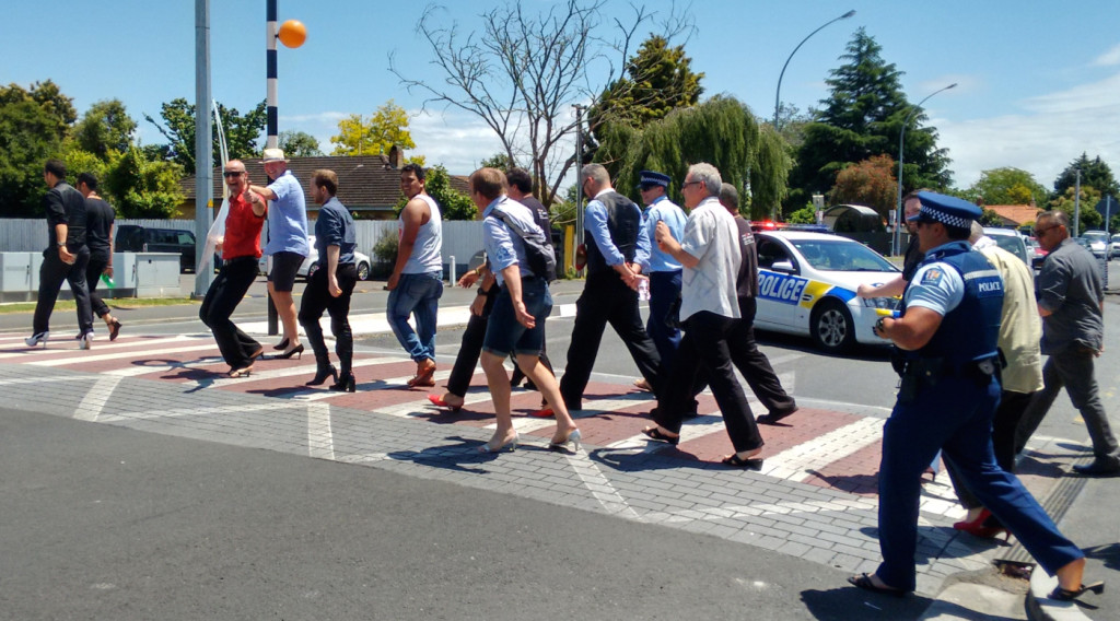 Statement: Walk a Mile in her Shoes, saw Hamilton men stepping out in women’s shoes in support of White Ribbon Day. Photo: Horiana Henderson