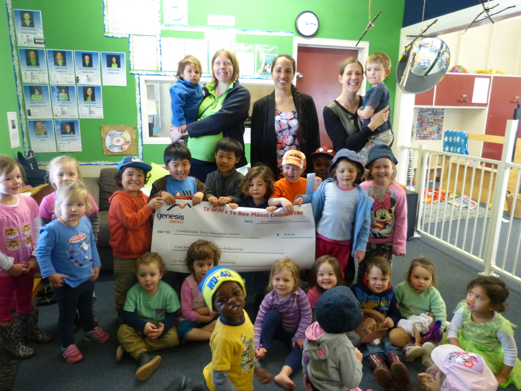 Claudelands Early Education Centre children celebrate their win with, from left, Briar Heskett, Tamara Huaki and Jen Burns. Photo: Supplied