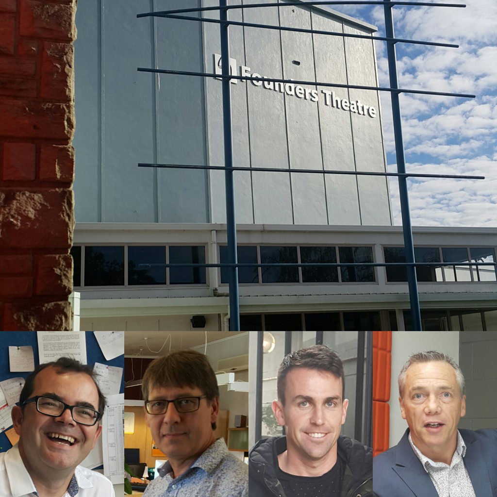 Founders Theatre (top) and city experts (bottom, from left): Professor of Environmental Planning Iain White, Antanas Procutas of PAUA Architects, property developer Matt Stark, Brian Squair of Chow:Hill.