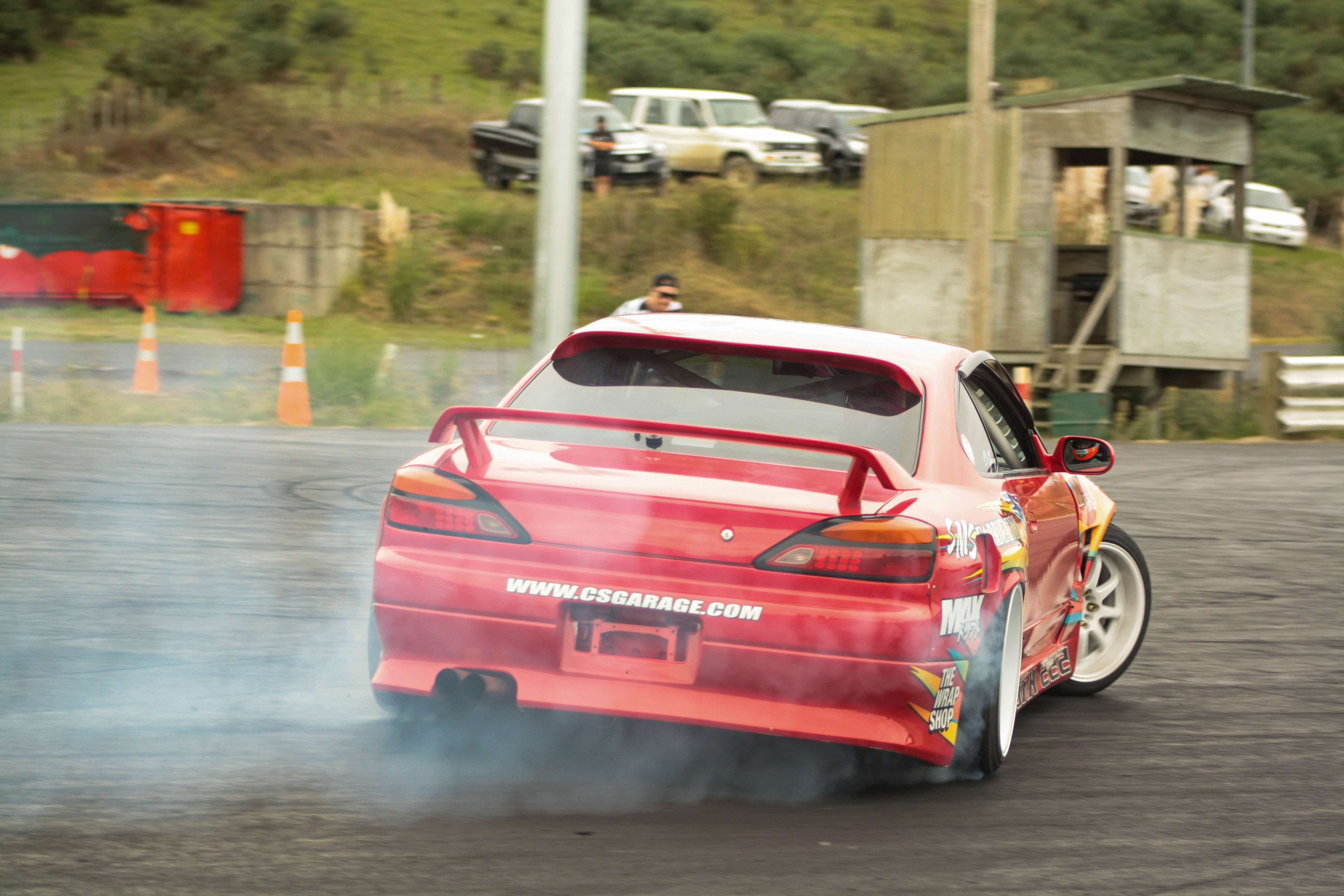 An S15 Silvia, driven by Graeme Smythe, performing a drift at Meremere Dragway. Photo: Ruwade Bryant.