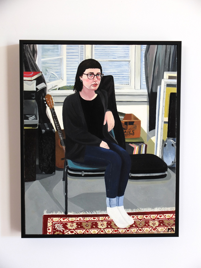 Priscilla McIntosh’s portrait of herself in a cardigan and thick socks has reached the finals of the Adam Portraiture Award. PHOTO supplied.