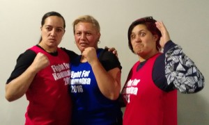 From left, Corporate boxers fighting for kaumātua: Melisa Fotu, Rouruina Toa and Jayna Muriwai. Photo: Horiana Henderson