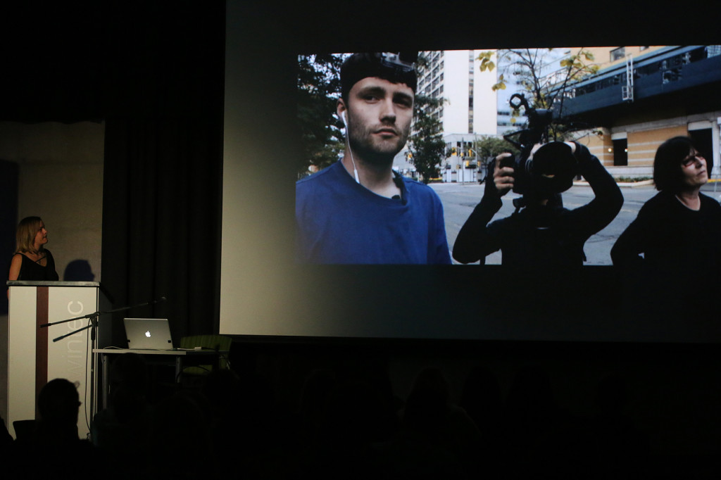 Jennings talking about one of Blast Theory's projects at Spark Week. Photo: Zoe Oosthuysen.