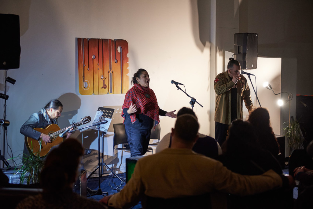 From left, Noel Kaa Reid, Waimihi Hotere and Horomona Horo merge styles in celebration of Te Marama Pūoro Waiata Māori (Māori Music Month) at Hamilton's Creative Waikato. Photo: Tony McKay